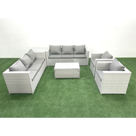 Fimous Outdoor Rattan Sofa Garden Furniture Set with 2 Armchairs Oblong Coffee Table Side Table Light Grey Mixed