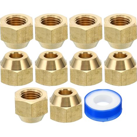 1/4 SAE Écrou Évasé en Laiton, 10 Pcs 45 Degrés Raccord de Tube Évasé en Cuivre, Capuchon de Raccord de Tuyau en Laiton avec Ruban Adhésif pour Conduite de Gaz d'Eau, Brillant (1/5)