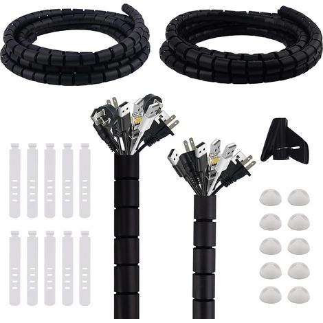 2 x 3 M, Cache Câble, Range Câble, Diamètre 22 mm / 28 mm, Gaine Spirale Câbles Flexible, Protection des Cables, pour TV,PC,Automobiles, avec 10 Bandes de Rangement,10 Clips de Fixation, Noir (1/5)