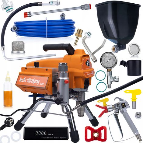 Rosfix Set Tornado RT3 UltraSpray – Airless Farbspritzgerät 2200 W, 22 MPa, 2,5 l/min LCD, Kolbenpumpe, 6 l Tank Für Innenräume & Renovierung Lackierzubehör