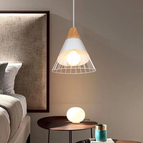 Moderne Lampe Suspension Simple en Bois Métal Style Nordique Blanc pour Sanlon Chambre (1/4)