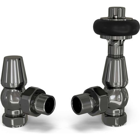 Signature Wooden Head - Black Nickel Thermostatic Radiator Valve & Lockshield Angled 15mm