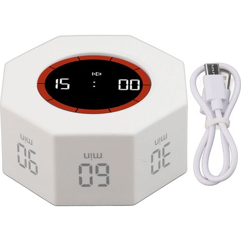 Timer di produttività da scrivania a forma di cubo ottagonale con sensore G per lavoro, studio, cucina, 1 3 5 15 30 60 90 minuti, timer con conto alla rovescia personalizzabile, bianco. (1/5)