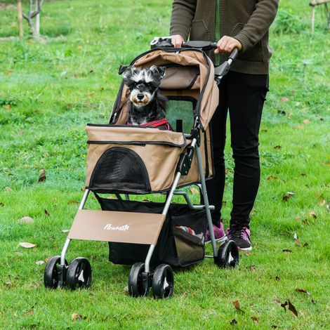 Café - Poussette transporteur pliable 4 roues pour chat chien, porte-gobelet, panier rangement, roues avant 360°, pliage rapide