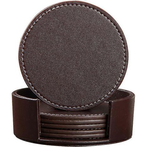 Untersetzer mit Halter, Set mit 6 runden braunen Untersetzern aus PU-Leder für Kaffee- und Teetassen. (1/3)