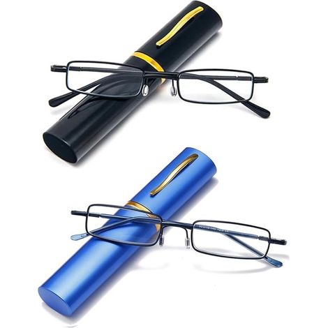 Juego de dos gafas de lectura metálicas ultrafinas, aptas para hombres y mujeres, con estuche portátil - 2.0 dioptrías (negro + azul) (1/5)