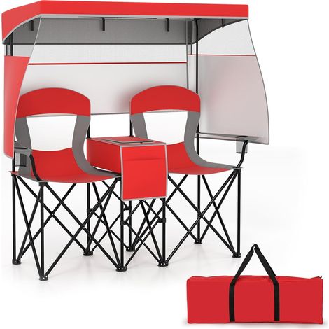 Goplus – Chaise de plage double avec auvent réglable – Sièges en tissu oxford – Capacité 150 kg – Sac isotherme et porte-gobelets – Dimensions 163 x 72 x 153 cm