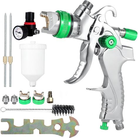 Pistola de pintura HVLP de alimentación por gravedad con manómetro, depósito de 600 ml y boquillas de 1, 4 mm, 7 y 2 pulgadas para coches, muebles y paredes. (1/5)