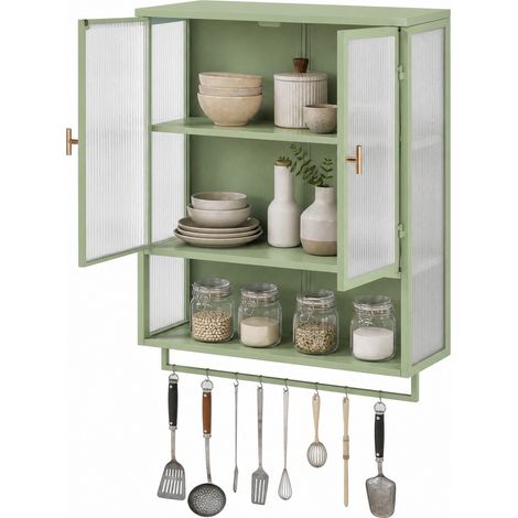 Meuble mural 2 portes en verre et métal vert, avec étagère intérieure amovible, niche ouverte et porte-serviettes, pour entrée, salle de bain ou salon  CHICFURN (1/5)