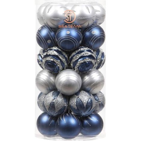 Sea Team 60mm/2.36" Ensemble d’Ornements Peints en Couleur et étincelants et de Boules suspendues pour Sapin de Noël - 30 pièces-bleu (1/5)