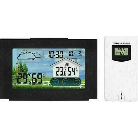 Green Mobility-Noir Station météo sans Fil Horloge de météo colorée numérique avec capteur extérieur Thermomètre extérieur intérieur avec Date Température Humidité Baromètre Alarme Phase de la Lune Ho (1/5)