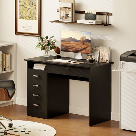 Bureau contemporain 5 tiroirs, grand plan de travail, casier ouvert, tiroir sécurisé avec clé, 110x50x76cm, finition noire, meuble de rangement (1/5)