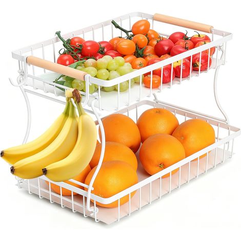 Corbeille à Fruit 2 Étages, Panier de Fruits et Légumes en Métal Blanc, Démontable avec Crochets, Rangement Cuisine, Pour conserver les fruits et légumes (1/5)