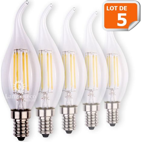 Lampesecoenergie – Lot de 5 ampoules LED flamme coup de vent E14 4W – Équivalent 42W – Lumière chaude 2700K – Angle d'éclairage 330°