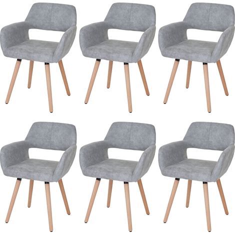 [NON UTILIZZATO] Set 6x sedie sala da pranzo soggiorno cucina HHG-429 II design retro legno tessuto grigio chiaro