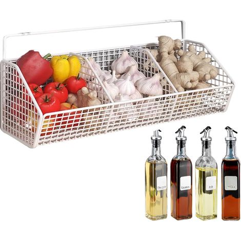 Wall-Mounted Basket, 3-Compartment Onion Storage Rack, Space-Saving Organizer, 36 x 14 x 15 cm pour Kitchen, Pantry (1/4)