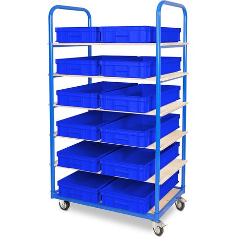 BRB Etagenwagen mit 6 Ebenen, BxTxH 1050x500x1690 mm, bestückt mit 12 Euroboxen BxTxH 600x400x120 mm, 2 Lenk-/2 Bockrollen (blau)