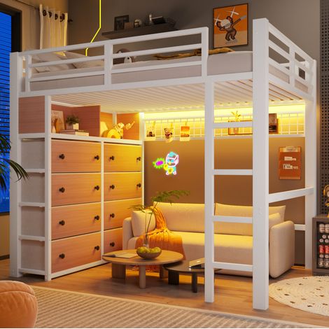 Cama altillo 140x200 cm - Con 8 cajones - Con LED - En MDF y metal - Blanco (1/5)