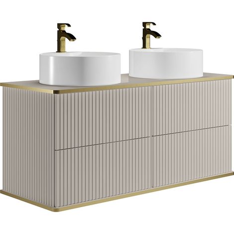 Meuble de salle de bain suspendu strié liseré doré avec double vasque à poser ronde - Beige - 120 cm - KELIZA