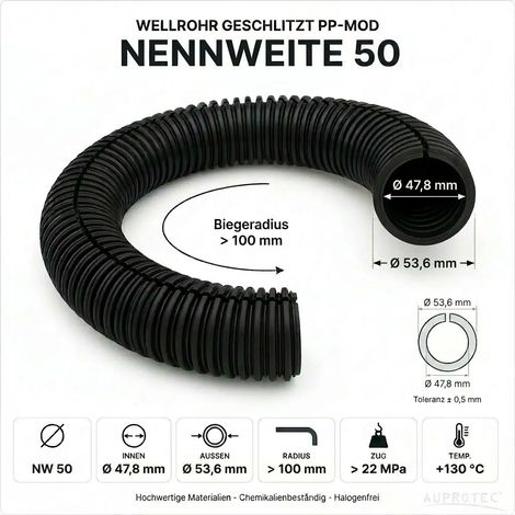 25m PP Wellrohr geschlitzt NW 50 Schwarz Innen-Ø 47,8 mm UV-beständig