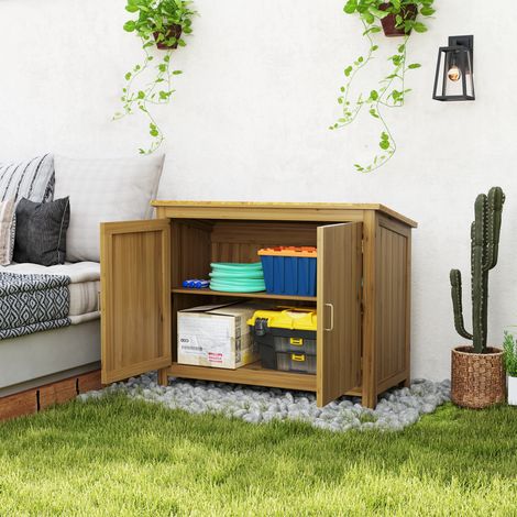 Gartenhaus aus Holz mit Schrägdach, 2 Regalböden und 2 Türen, 110 x 50 x 85 cm, braun