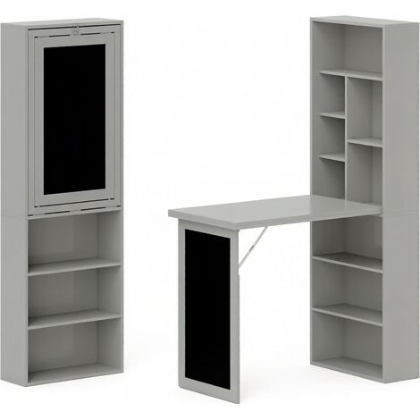 CHICFURN Bureau mural rabattable avec étagère et tableau noir, bureau escamotable compact pour petits espaces, rangement 9 cases, idéal home office et cuisine (1/5)