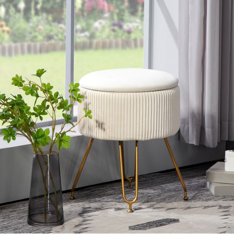 Pouf contenitore rotondo in poliestere, Ø40 x 48 cm, bianco crema, metallo, OKWISH (1/5)