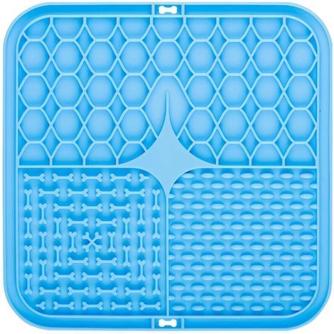 Tapis de Lèche Chien, 20x20cm Tapis Lécher pour Chien avec Spatule Silicone, sans BPA Tapis de Lechage pour Chat avec Ventouse pour Bain, Entraînement, Toilettage (Bleu) (1/4)