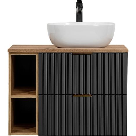Insieme mobile sottolavabo NOXERA 80 cm – Nero opaco e quercia – 2 cassetti + 2 nicchie + lavabo