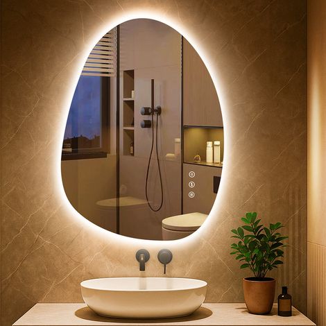 Asymmetrischer LED Badezimmerspiegel PESENXAN 83x60 cm, Anti-Beschlag, 3 Lichtfarben, Dimmer, Speicher, energiesparend, horizontal (1/4)