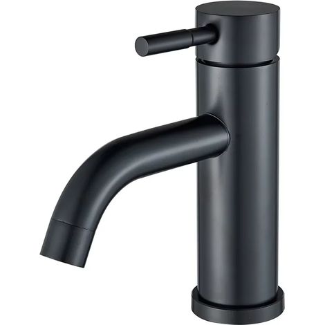 Robinet mitigeur eau chaude/eau froide court, noir mat, à fixation sur plage, pour lavabo vasque. (1/5)
