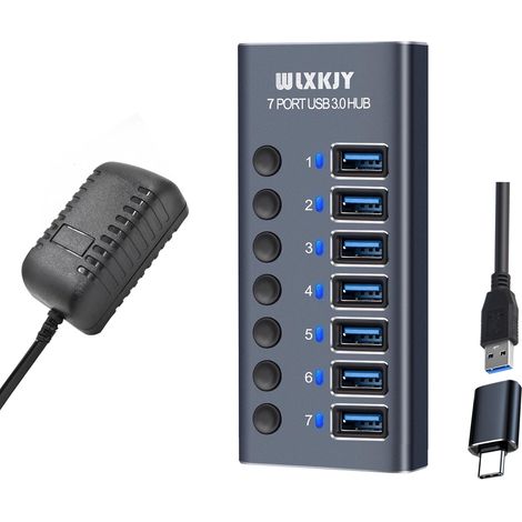 Aluminium Hub USB Alimenté, USB C to 7 Ports USB 3.0 SuperSpeed Port Distributor Data Hub avec Alimentation 36W et Interrupteurs Individuels pour Laptop et PC Hub USB 3.0 Alimenté (1/5)
