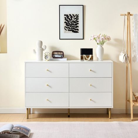 Commode 6 tiroirs blanc moderne - Rangement MDF avec poignées alliage zinc - Pieds acier 120x40x78 cm (1/5)