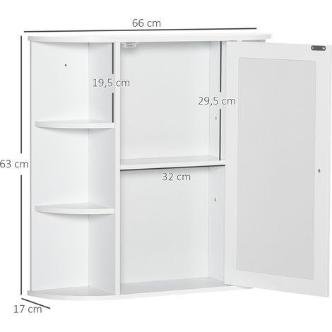 Armoire de salle de bain avec miroir, 8 compartiments, portes miroir, résistante à l'eau, 66 cm x 17 cm x 63 cm, blanche (1/5)