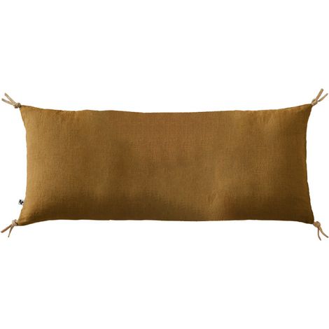 Coussin 55 x 110 cm en lin lavé caramel avec 4 nouettes en jute - LUISA (1/5)