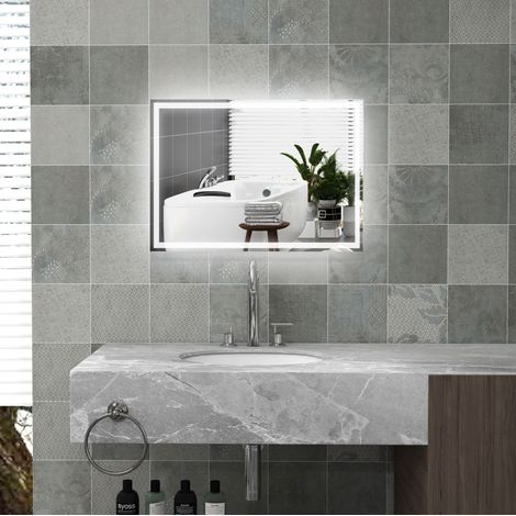 Espejo de baño LED mural 70 x 50 x 4 cm, interruptor táctil, IP44, plata OKMYHOME (1/5)