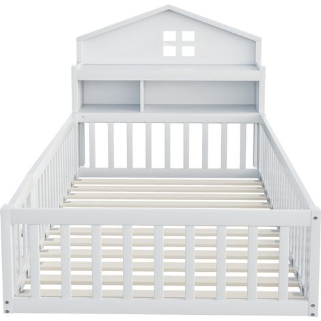 Cama casita infantil 90 x 200 con barrera, puerta, estantes y somier, blanca - HOMVRA (1/5)