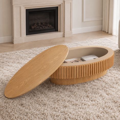 Table basse ovale 98 x 60 x 35 cm avec rangement caché, bois naturel HAVRYA (1/5)