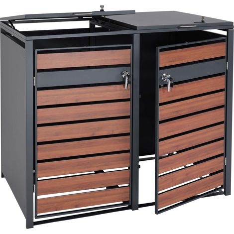 XL 2er/4er-Mülltonnenverkleidung HHG-409, Mülltonnenbox, Metall 59kg anthrazit Kirsche-Holzoptik dunkelbraun