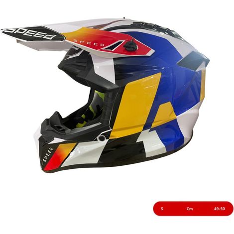 Kinder-Motocross-/Enduro-Helm für Motorrad, ATV, Fahrrad – Größe S (49–50 cm) weiß mit gelb-blauem Design