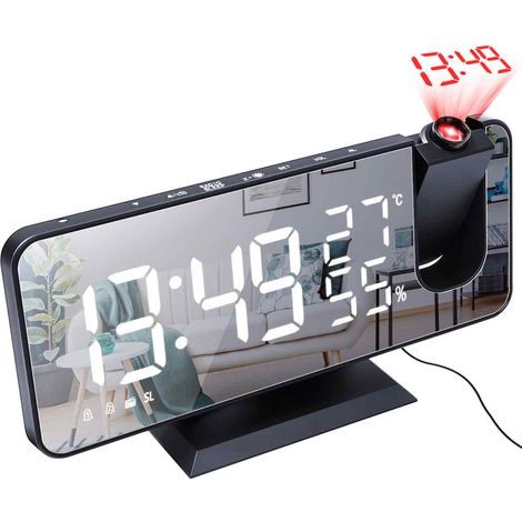 Réveil projecteur pour chambre, réveil numérique avec chargeur USB, projecteur à 180°, grand écran LED, fonction snooze, idéal pour les enfants et les gros dormeurs, chiffres noirs et blancs.