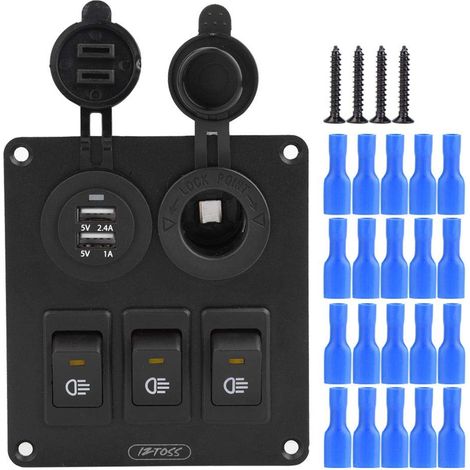 Panneau de Commutateur à Bascule de 3 Gangs, Combinaison à Bascule LED avec Double Prise de Chargeur USB 12V / 24V pour Allume-cigare pour Voiture Marine Etanche(Yellow). (1/5)