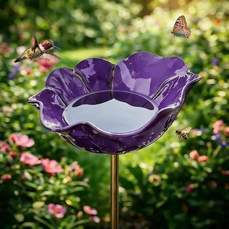 Vaschetta per uccelli da esterno di colore viola, fioriera da giardino con supporto, abbeveratoio per uccelli, mangiatoia decorativa per patii e giardini. (1/5)