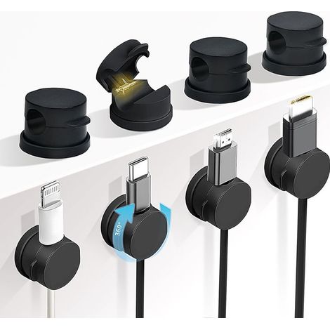 Lot de 8 supports de câbles rotatifs à 360°, organisateur de cordons à ressort, gestion du rangement des fils de bureau, support adhésif de câble de charge de téléphone pour table de nuit (1/5)