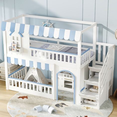 Etagenbett Kinderbett 90x200 cm mit Treppe und Stauraum, Hausbett mit Rausfallschutz, Lattenrost und Fenster, Kiefernholz, Weiß/Blau (1/5)