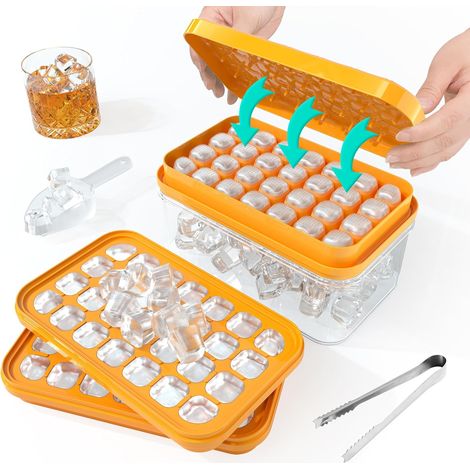 Bac à Glaçons avec Couvercle et Bac, Moule à Glaçons, avec 2 Plateau, Empilables, Libère Tous Les Glaçons en une Seconde pour refroidir, cocktail, whisky (Orange) (1/5)