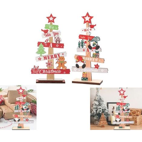 2 Stück Weihnachtstischdekoration, Schreibtischtafel, dekorativer Weihnachtsbaum, Weihnachtsmann-Zwerg, hölzerne Weihnachtstischdeko