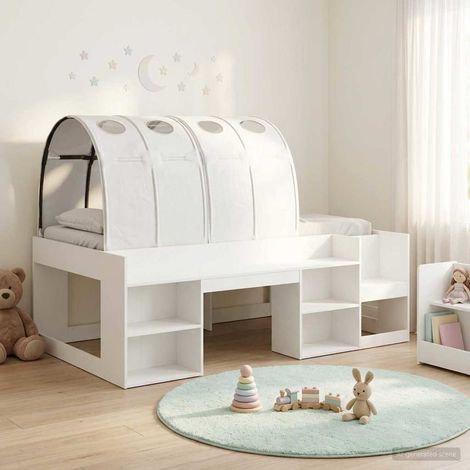 Lit haut enfant avec rangement, bois d’ingénierie et polyester, blanc, 3 pièces - PANGIVO (1/5)