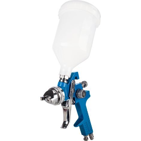 Pistolet à peinture pneumatique - Utilisation universelle - Pression 2 à 3,5 bar - Consommation d'air 120 - 205 L/min - Contenance 0,6 L - Buse réglable en continu de jet rond à jet large