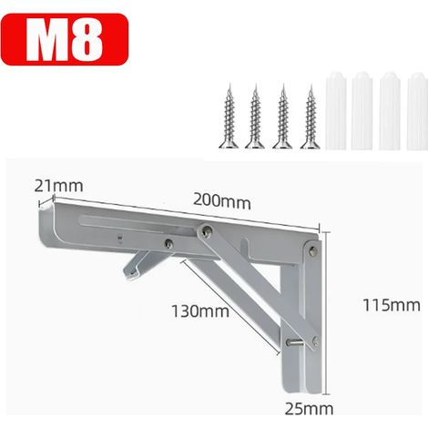 (M8-2PCS) Équerre triangulaire pliante en métal, robuste, pour table, établi, étagère, support de meuble réglable avec vis de fixation (1/5)